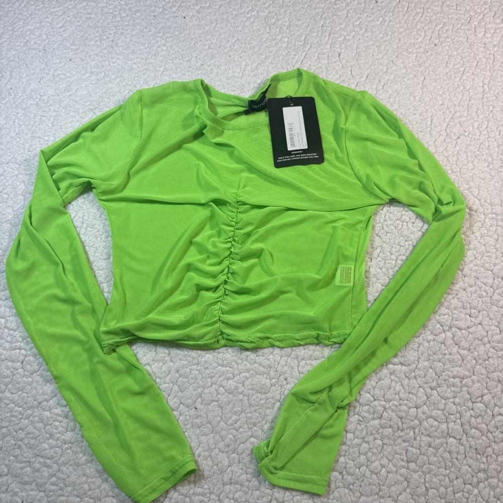 Pretty little thing Lime Ruched Front Mesh Long Sleeve Size 2 Vtg Rare Deadstock